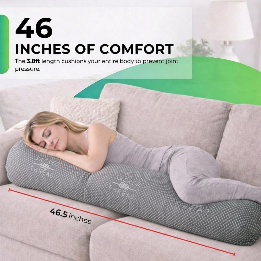Sacred Thread Cylinder Shaped Long Pillow for Bed, Cooling Rayon Derived from Bamboo Body Pillow for Side Sleepers, Soft and Supportive Full Body Pillows for Adults (46.5”x8”) (Grey)