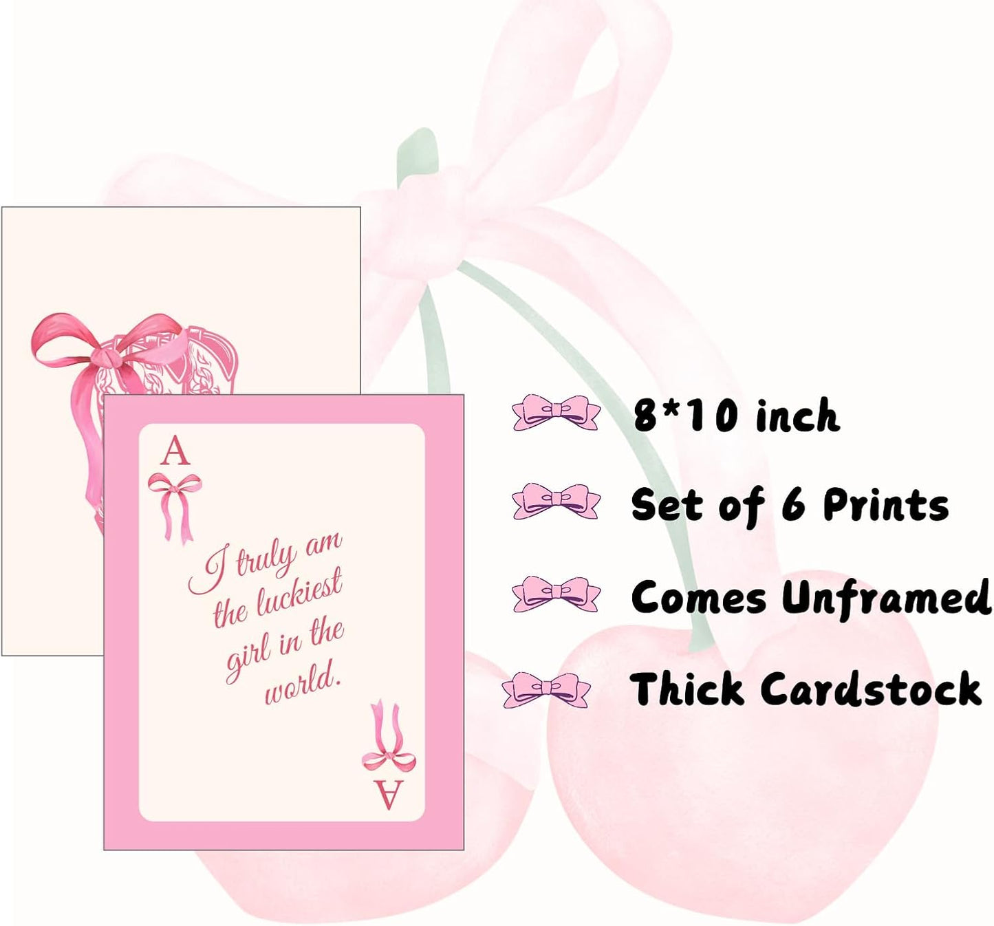 Pink Coquette Wall Art Prints Set of 6 – Trendy Preppy Room Decor for Girls Bedroom & Dorm – Pink Bow, Disco Ball, Cherry & 8 Ball Posters – 8x10 Unframed Aesthetic Wall Decor