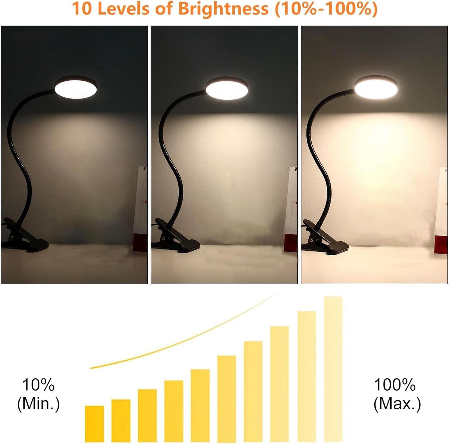 USB Clip-On Desk Lamp with 3 Color Modes, Adjustable Brightness, Flexible Gooseneck, 1 Minute Timer, Book Light for Kids Reading Book in Bed at Night Clip on Table, headboard, Dorm, Black