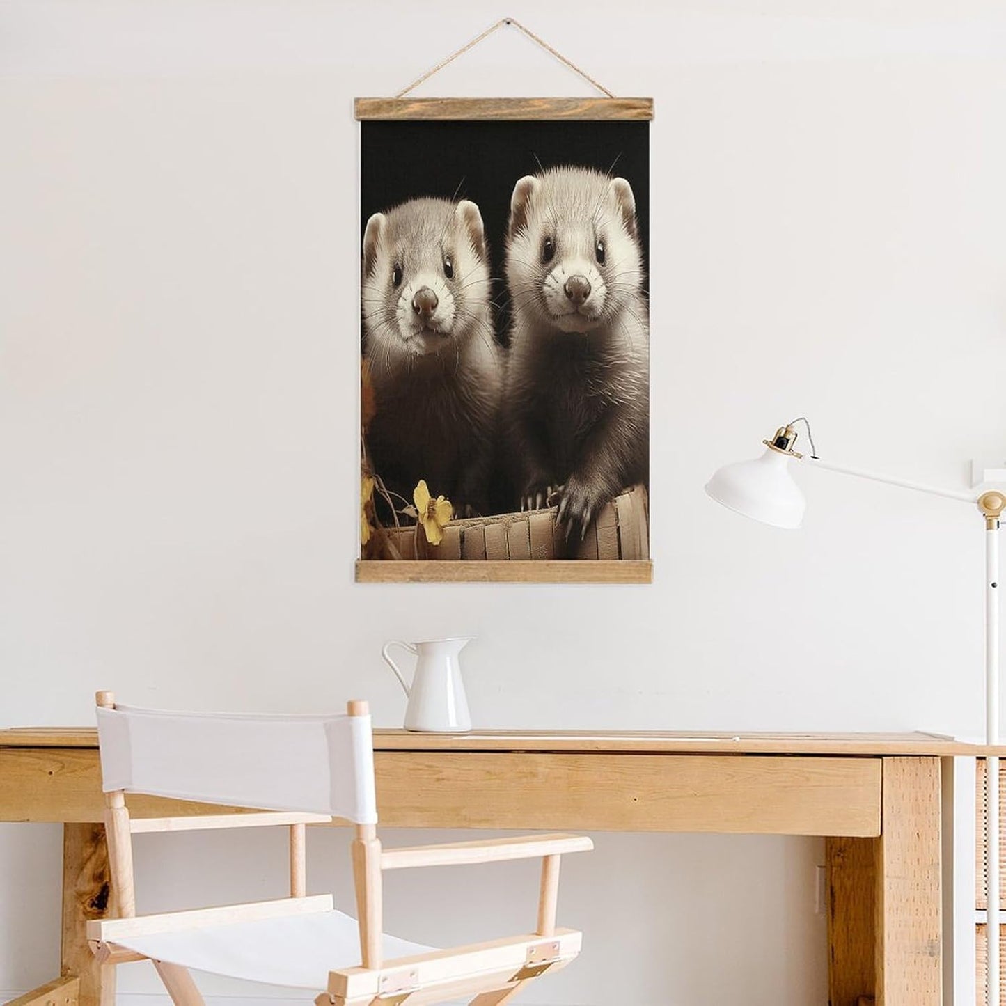 Vintage Ferrets Poster with Wooden Frame Personalized Linen Hanging Scroll Painting Rustic Wall Hanging Illustrative Modern Artwork Decor for Home Living Room Bedroom Office