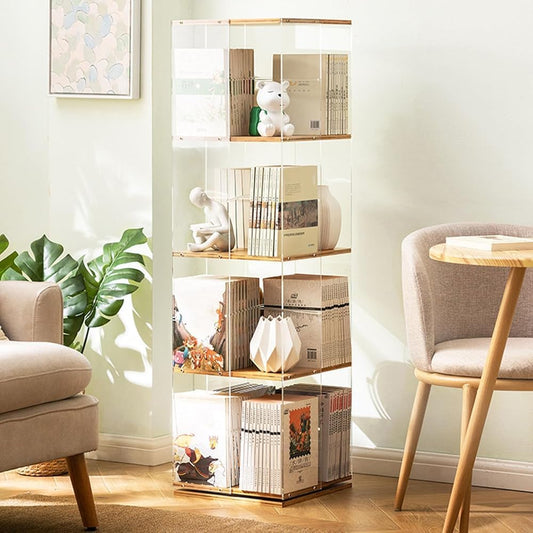 Transparent Acrylic & Bamboo 360° Rotating Bookcase - 4 Tier Revolving Bookshelf for Bedroom, Living Room, Study Room - Stylish Storage Solution & Modern Decor