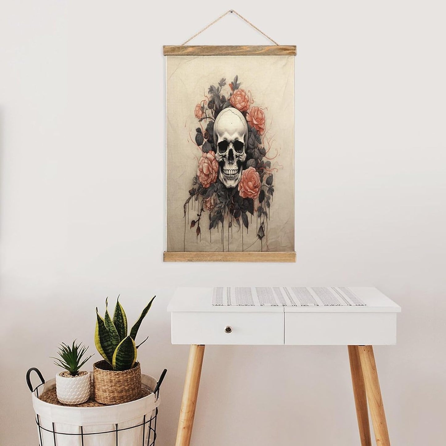 Vintage Ancient Skull And Flowers Poster with Wooden Frame Personalized Linen Hanging Scroll Painting Rustic Wall Hanging Illustrative Modern Artwork Decor for Home Living Room Bedroom Office