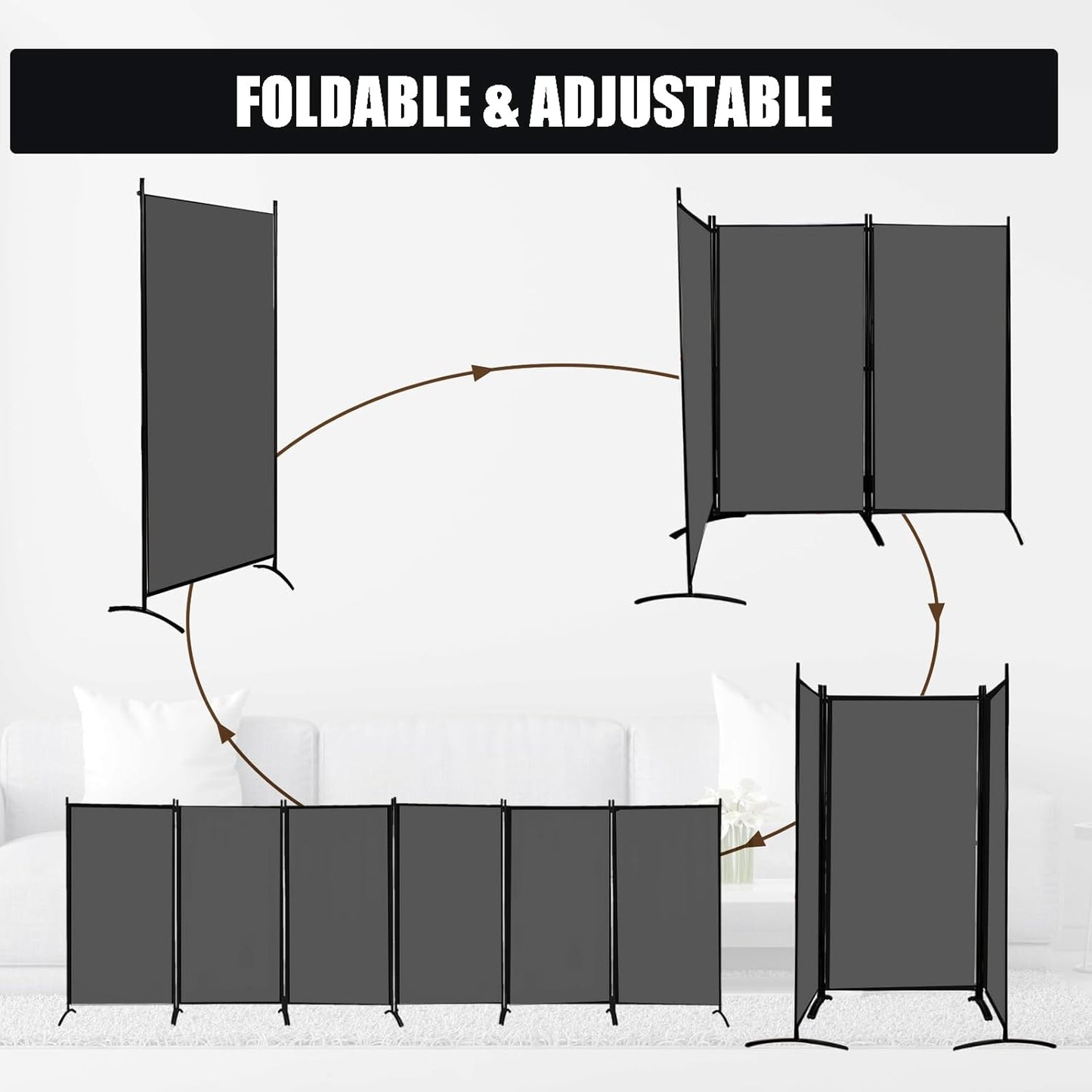 Room Divider-Folding Privacy Screens, 6 ft Partition Room Dividers Wall for Separation, Home, Office, Classroom, Studio (Grey, 6 Panel)