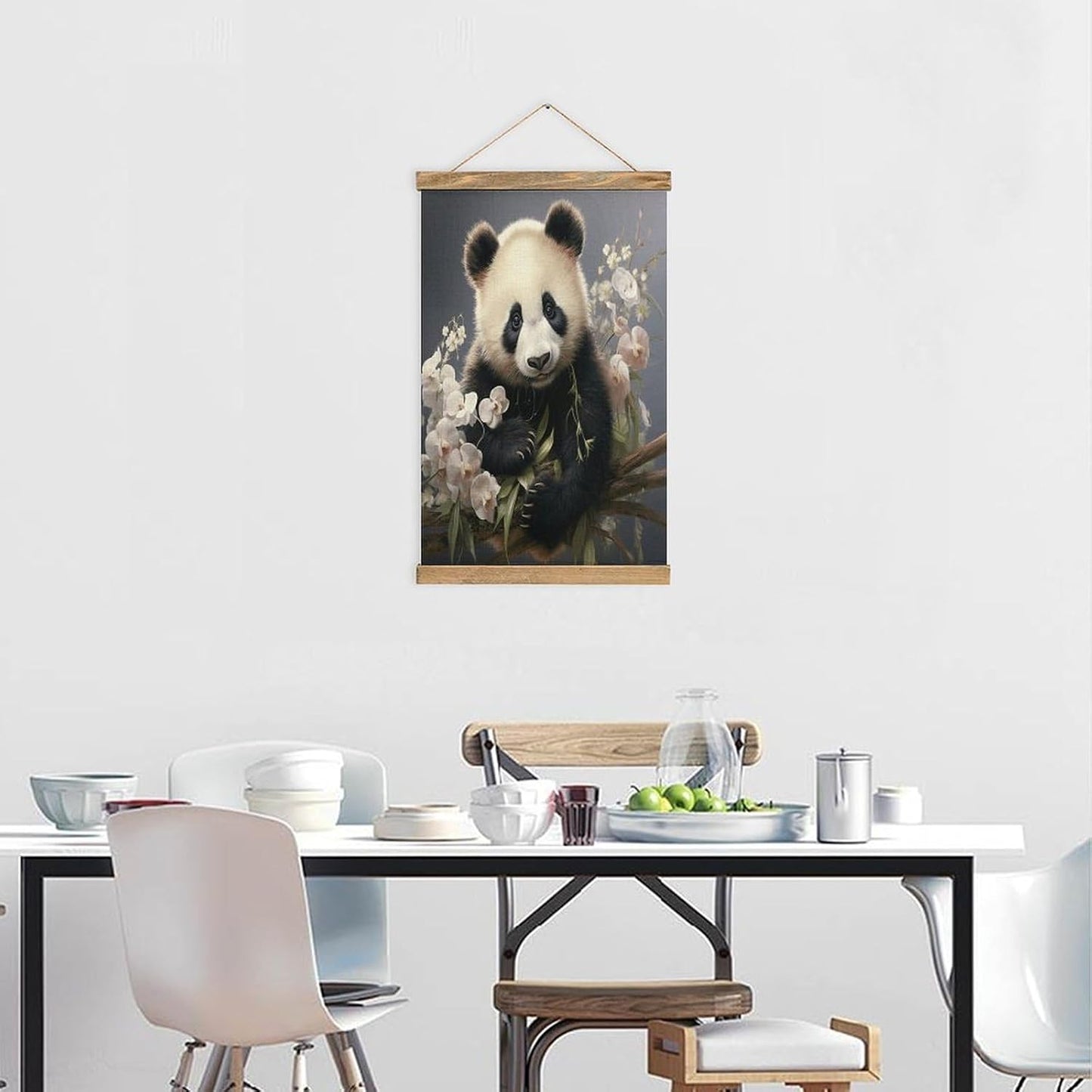 Vintage Panda with Flower Poster with Wooden Frame Personalized Linen Hanging Scroll Painting Rustic Wall Hanging Illustrative Modern Artwork Decor for Home Living Room Bedroom Office