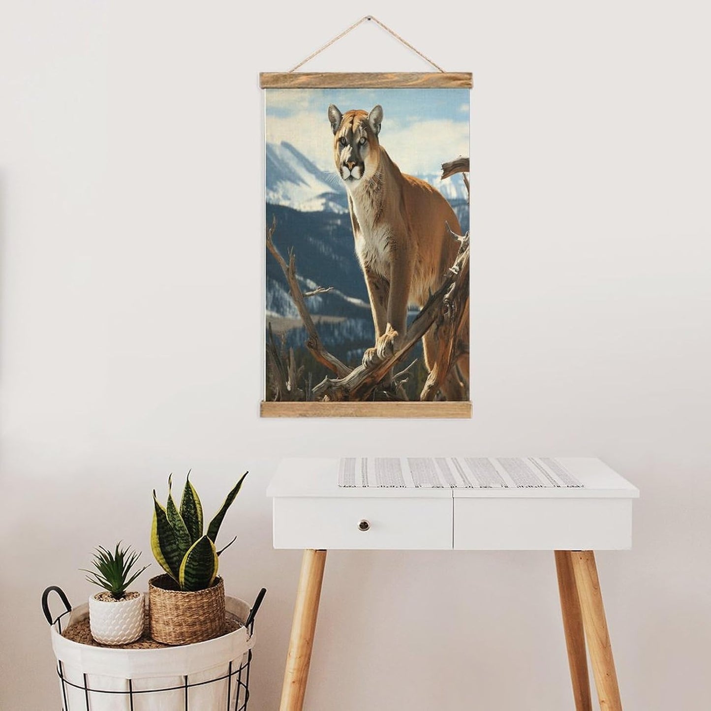 Vintage Panther Mountain Lion Poster with Wooden Frame Personalized Linen Hanging Scroll Painting Rustic Wall Hanging Illustrative Modern Artwork Decor for Home Living Room Bedroom Office