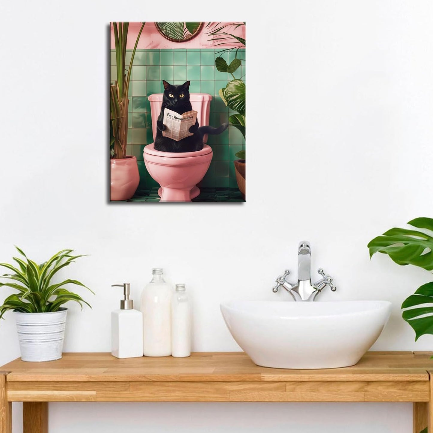 Funny Cat Bathroom Wall Art, Cute Black Cat Wall Decor Paintings, Whimsical Animal Reading Newspaper on The Toilet Poster Canvas Prints Aesthetic Picture 12x16 inch Framed