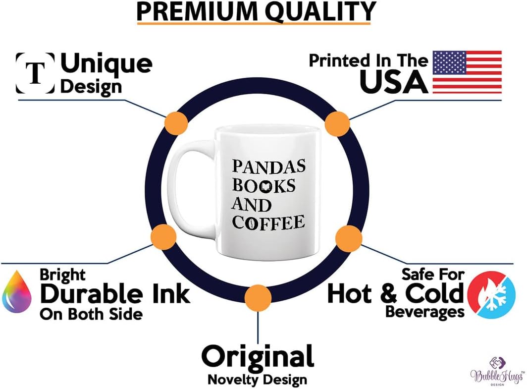 Book Lovers Coffee Mug 11oz White - Pandas Books And Coffee - Animal Lovers Caffeine Addict Zookeeper Pet Kawaii Bear Bamboo Bookworm Reader