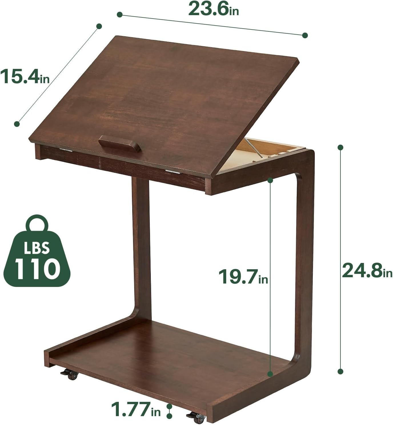 C Shaped End Table with Wheels - Solid Wood Rolling C Shape Small Side Table for Couch, Wooden Tv Tray Bedside Tables for Sofa Living Room Bedroom, Brown, 15.4 in x 23.6 in x 24.8 in