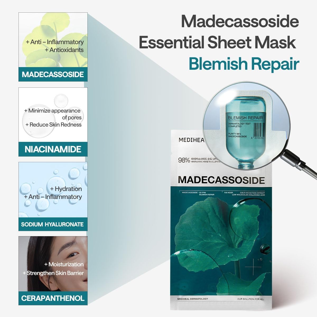 Mediheal Essential Face Mask [Madecassoside] Blemish Repair 10 pcs. with 98% Purity Madecassoside & Hyaluronic Acid - Soothing Care, Hydrating- Travel Essentials, Vegan Formula Korean Sheet Mask