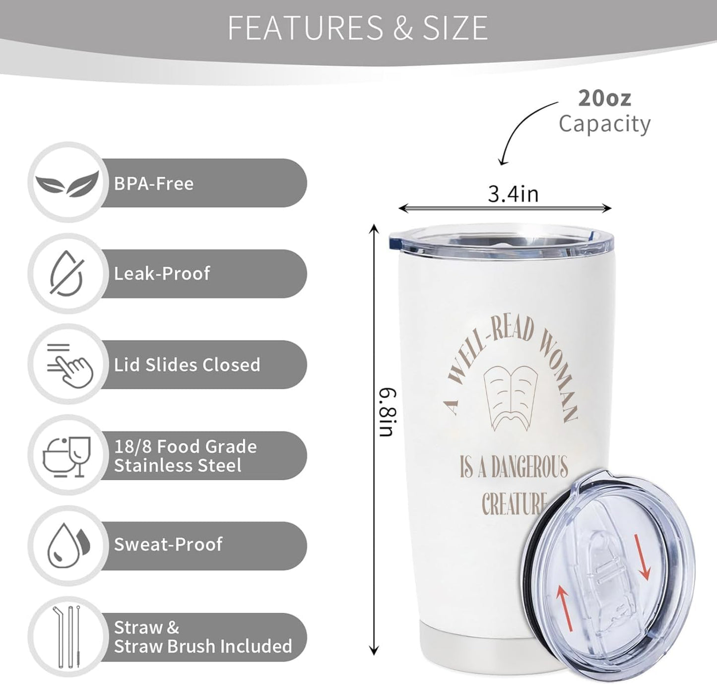 Birthday Gifts for Book Lovers - 20oz Stainless Steel Insulated Tumbler, Reading Gift for Reader, Librarian, Nerd, Bookworm Cup Water Bottle, Book Themed Present, Christmas Bookish Gifts