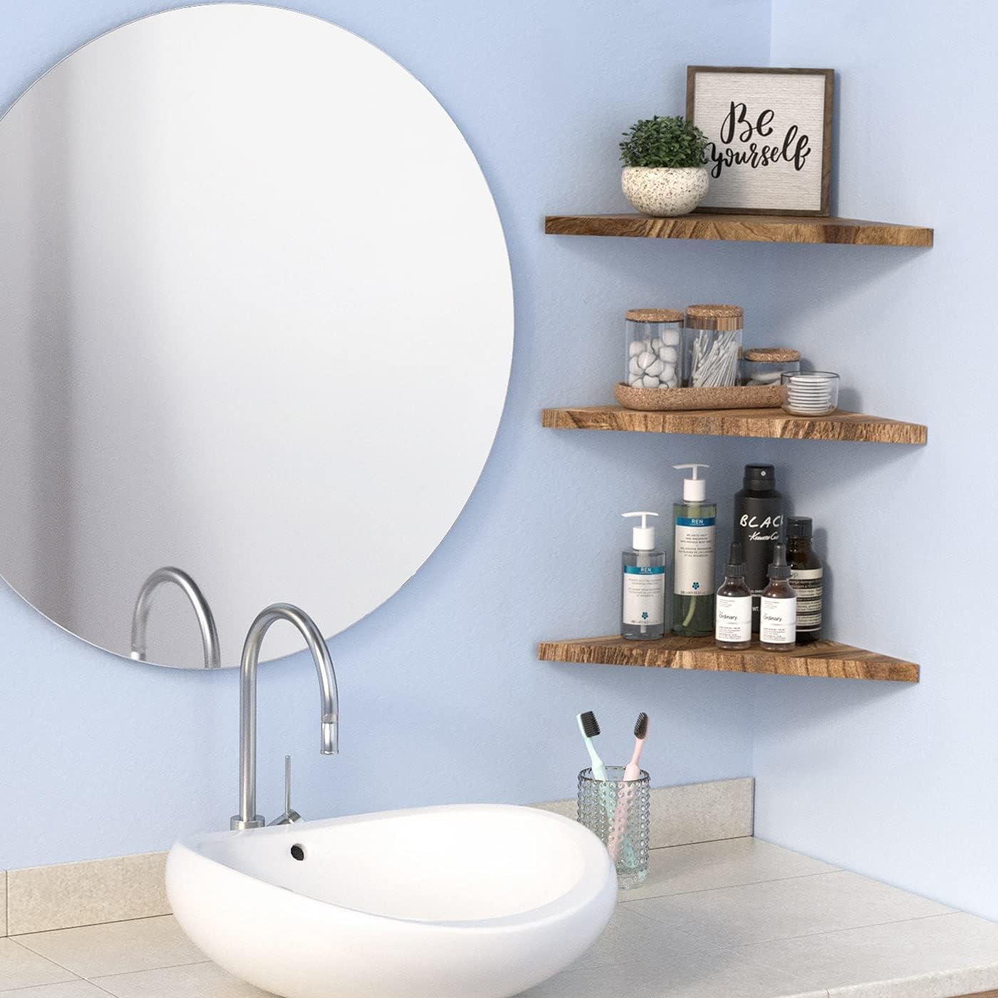 Wall Mounted Rustic Wood Straight Edge Corner Shelf Storage Rack, Bookcase, Floating Shelves Home Decor for Bedroom, Living Room, Office and Kitchen, Set of 3 (Straight Edge)