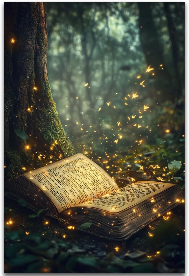 Fantasy Book Forest Canvas Print,Book Lovers Day picture,Dark Academia Magical Books Wall Art,Retro Library Books Club Party Decorations Gifts,Aesthetic Poster for Bedroom Living Room,16"x24" Unframed