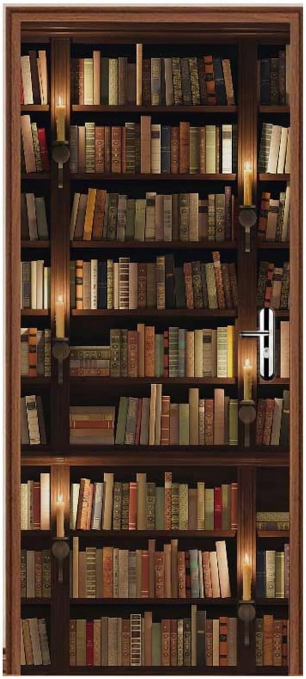 3D Door Stickers for Interior Doors Bookshelf Full of Old Books in Mysterious Library Vinyl Waterproof Self Adhesive Door Mural Decals for Bedroom Office Bathroom 77 x 200cm
