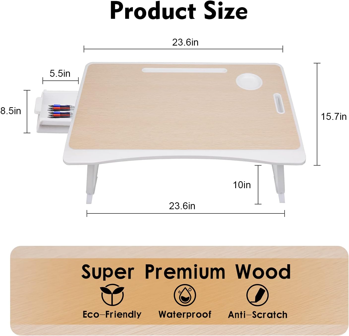 Amaredom Laptop Bed Desk Tray Bed Table, Foldable Portable Lap Desk Notebook Stand Reading Holder with Storage Drawer and Cup Holder for Eating Breakfast on Bed/Couch/Sofa-White Oak