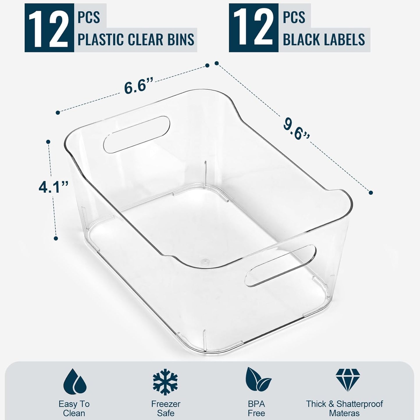 12 PACK Multi-Use Clear Plastic Storage Bins for Organizing w/ Labels - Home, Kitchen, Bathroom, Office, Pantry Cabinet Shelf Organizer Bins - SOHO Collection, RV, Fridge Organization Containers