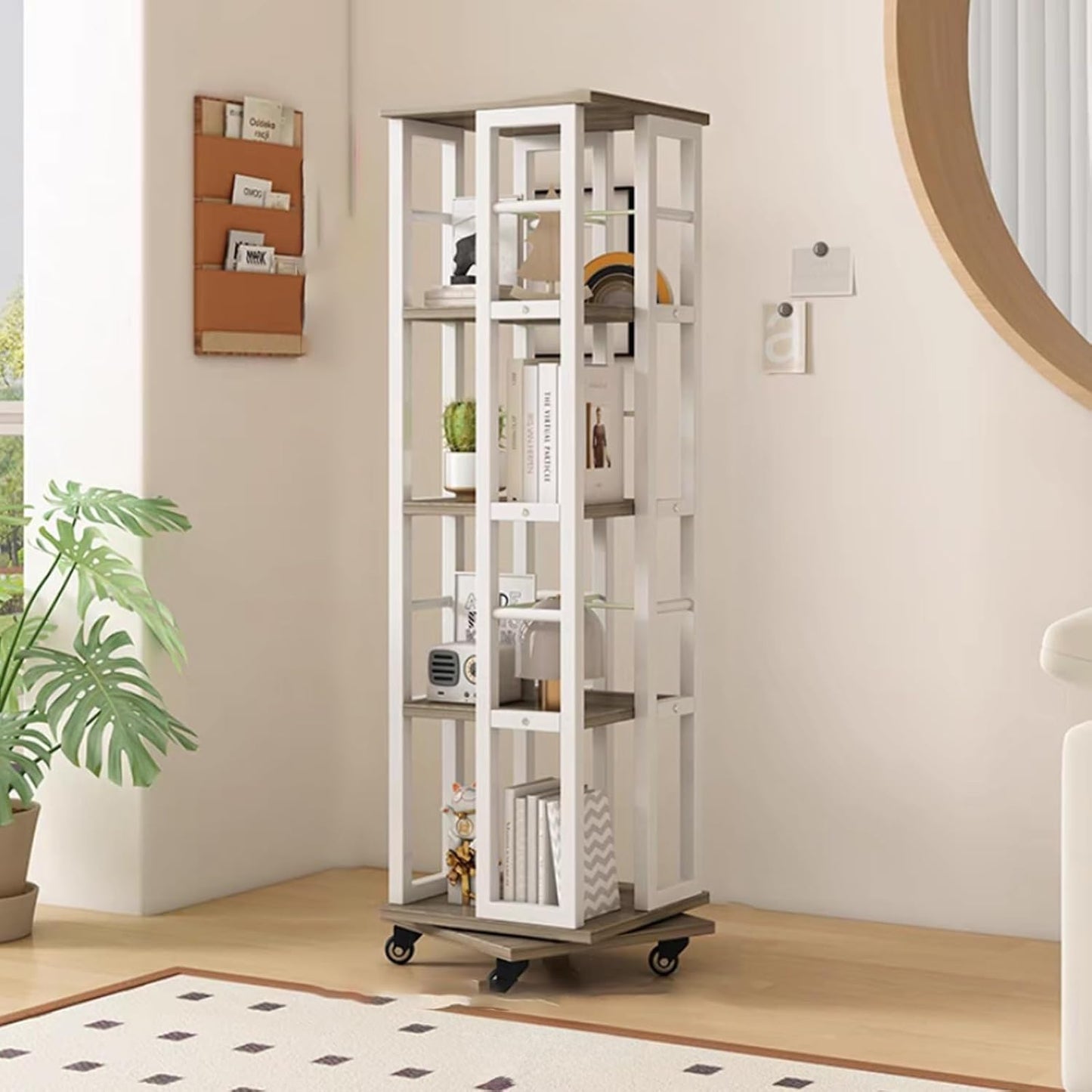 360° Rotating Bookshelf, 4 Tiers Unit Storage Display Rack with Universal Wheels, Floor Standing CD Rack, for Bedroom Living Room Home, Easy Assemble(White+Gray)