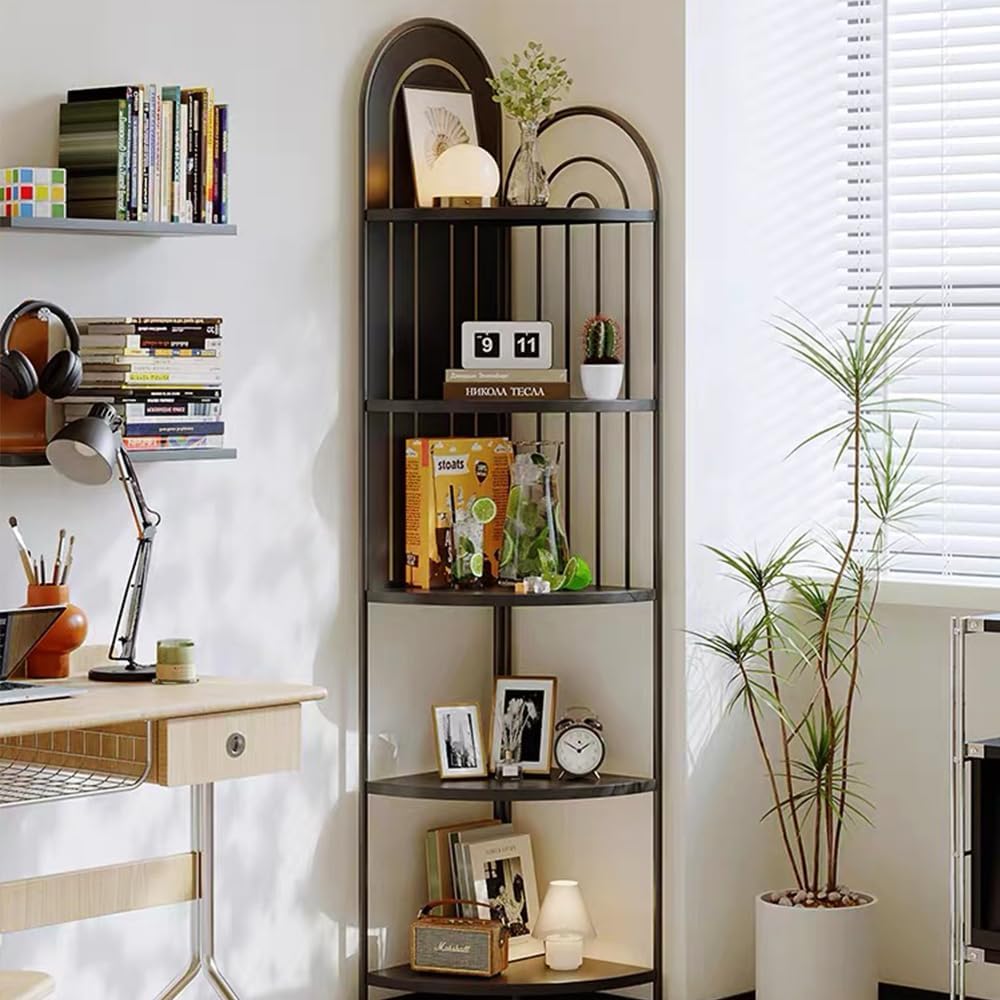 Black 5 Tier Metal Corner Shelf,Tall Industrial Corner Shelving Unit,Freestanding Corner Storage Rack for Small Spaces,Narrow Corner Bookshelf for Living Room,Bedroom,Bathroom