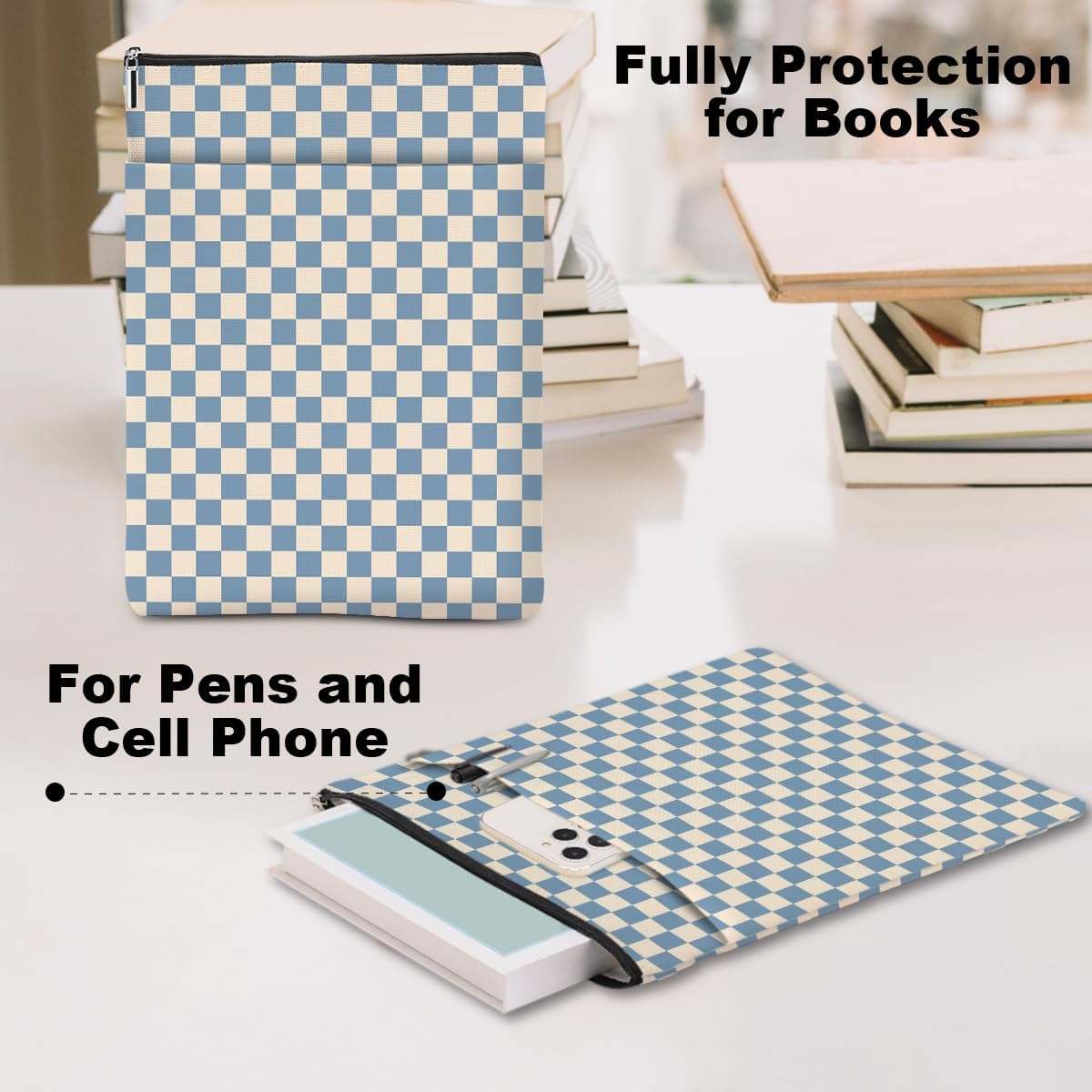 Blue Plaid Book Lovers Gifts Book Sleeve Vintage Checkered Waterproof Book Cover Book Pouch Book Protector with Front Pocket Book Club Christmas Birthday Gifts for Women Girl Reader Book Accessories