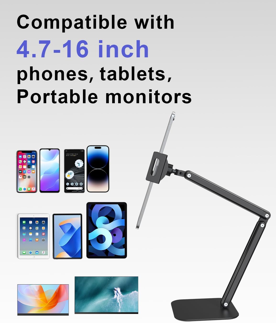 Tablet Stand for Desk,Adjustable iPad Holder Clamp Mount,360°Rotation,Sturdy Aluminum Tablet Arm Mount for 4.7"-15.6" iPad Pro/Air/Mini,iPhone,Portable Monitors,for Kitchen,Work,Video Call