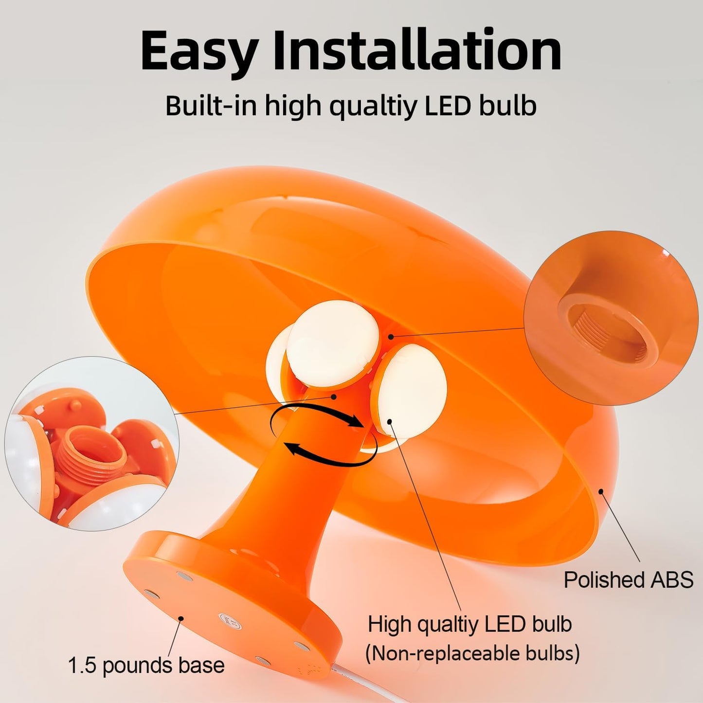 Orange Bedside Lamp for Bedroom Nightstand, Retro Mushroom Table Lamp with 3 Lighting Color and 10 Brightness Level, Desk Lamp for Reading Room/Office/Dorm(W11'' x H7.67'', USB Powered)
