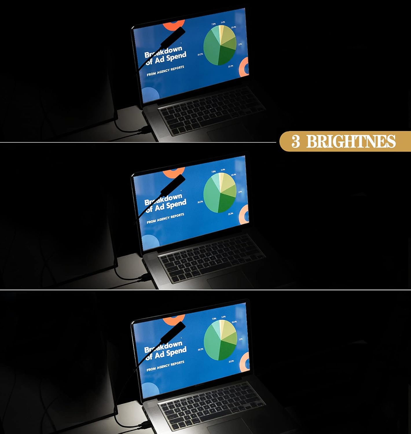 USB Reading Light, Laptop Keyboard Light for Computer Adjustable Gooseneck, 3 Color x 3 Brightness USB Lamp/1pc + 3pcs Mini LED (1 + 3)