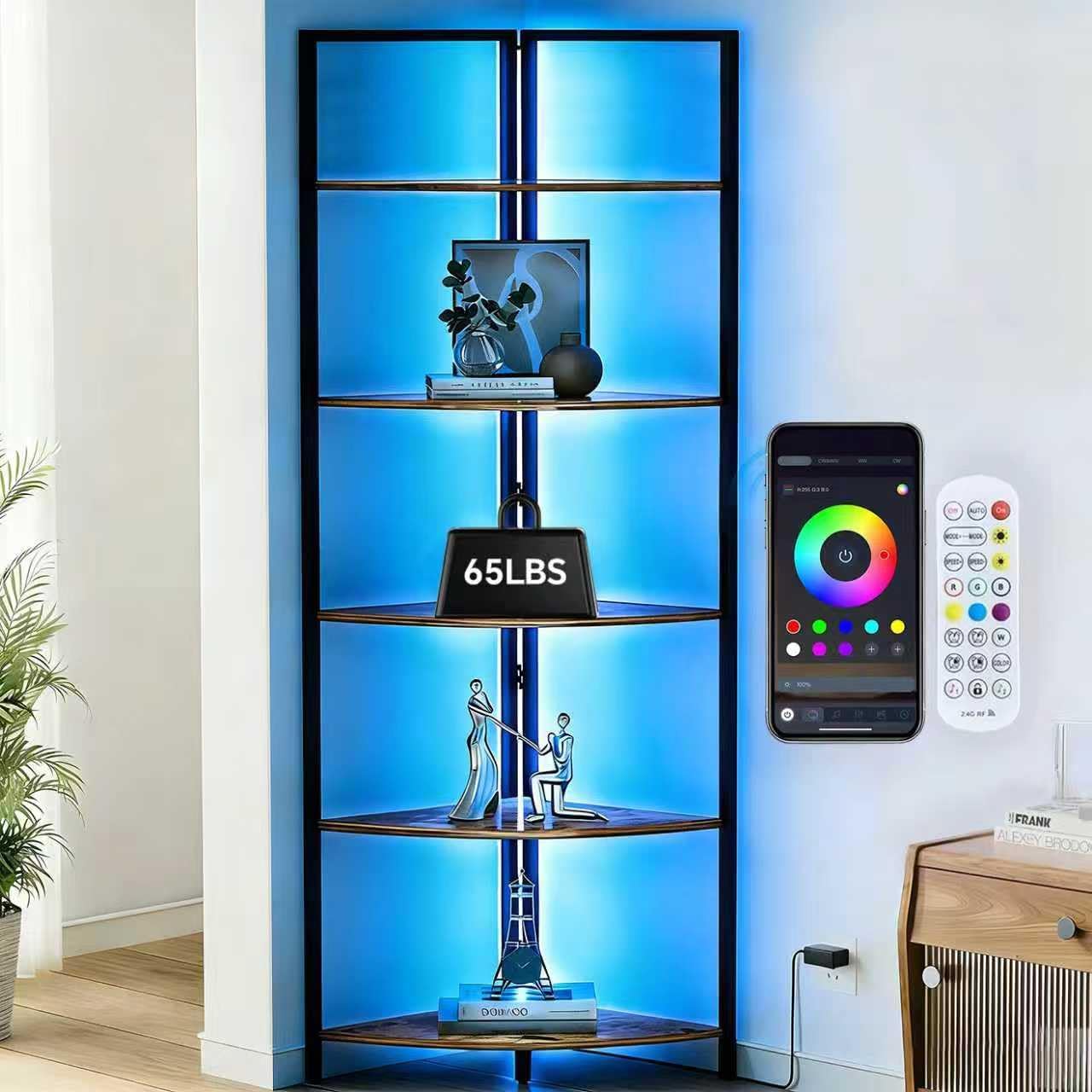 Heavy-Duty Corner Shelf, Retro Style with LED Light, 5-Tier Modern Corner Bookshelf, Wood and Metal Tall Corner Shelf, for Living Room, Office, Bedroom, Kitchen (Retro Brown)