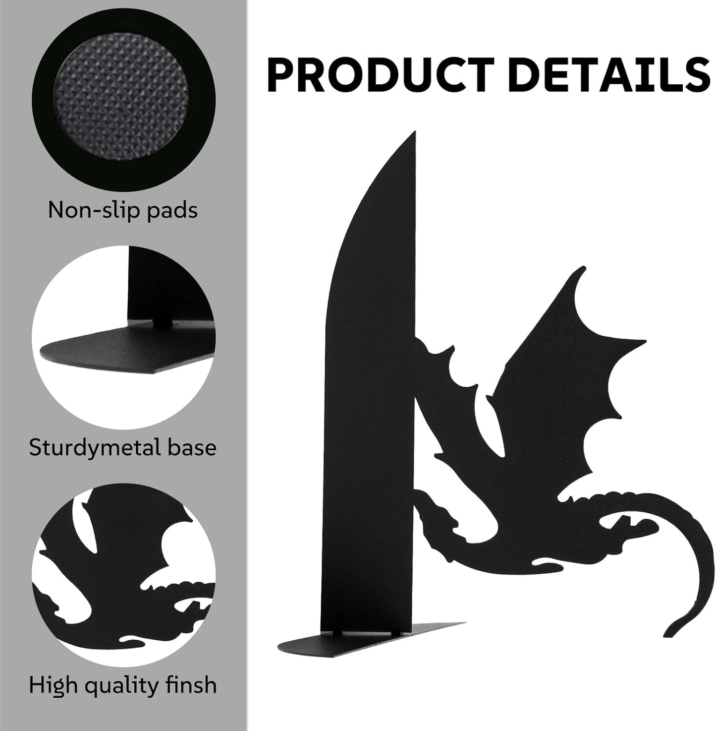 Metal Dragon Bookends Stoppers Holder Stand for Desk Shelf Cool Dragon Book Ends Decorative, Fantasy Dragon Bookends for Bookshelf Decor