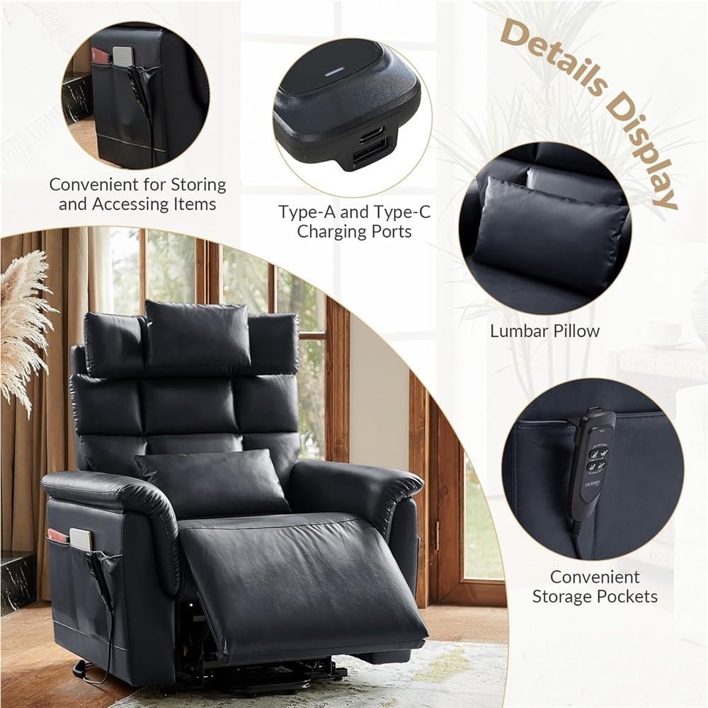 Power Lift Recliner Chair for Living Room, Blue Leather Electric Recliner with Adjustable Headrest and Lumbar Pillow Support, Ergonomic Oversized Single Seating