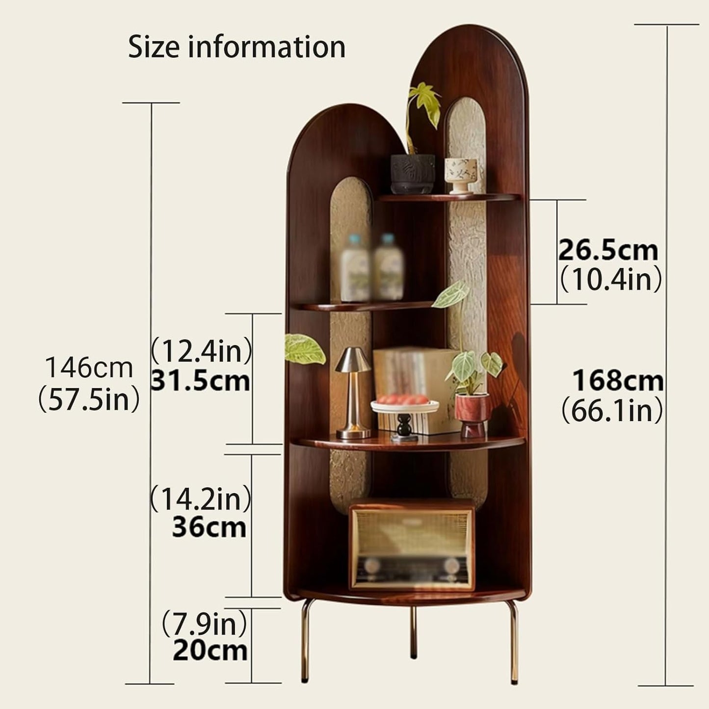 4-Tier Corner Standing Storage Bookshelf with Metal Legs Modern Freestanding Triangular Open Display Storage Narrow Bookcase for Living Room, Kitchen, Home Office(A)