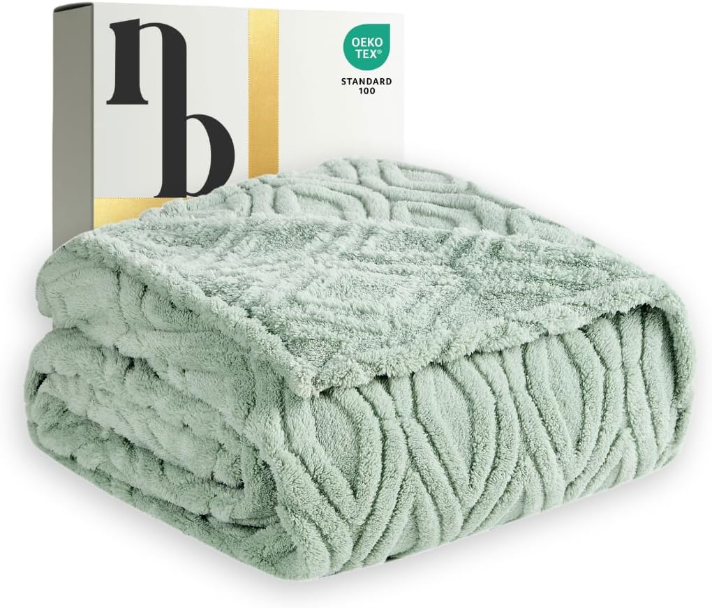 The Seacliff Blanket Twin Size 60x80, Palm Sage Green – Lightweight Soft Fleece Blanket for Couch or Bed, Breathable All Season, Coastal Wave Texture