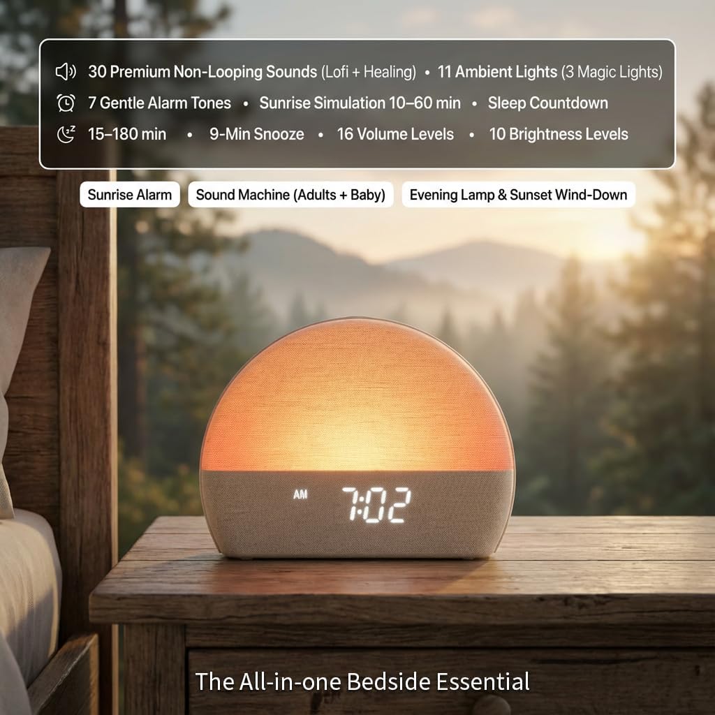 White Noise Sound Machine Sunrise Alarm Clock – 30 Non-Looping Soothing Sleep Sounds with LoFi and Healing Music| 10-Color Ambient Light & Sunlamp | No App Screen Free Sleep for Baby Adults Kids