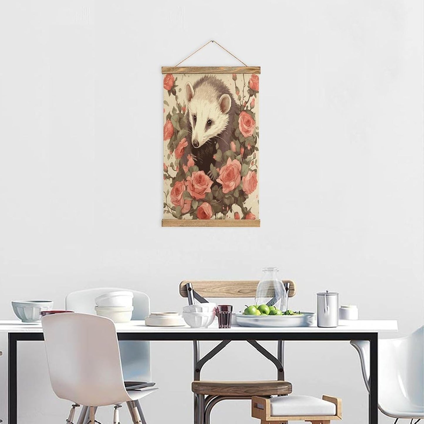 Vintage Opossum And Roses Poster with Wooden Frame Personalized Linen Hanging Scroll Painting Rustic Wall Hanging Illustrative Modern Artwork Decor for Home Living Room Bedroom Office