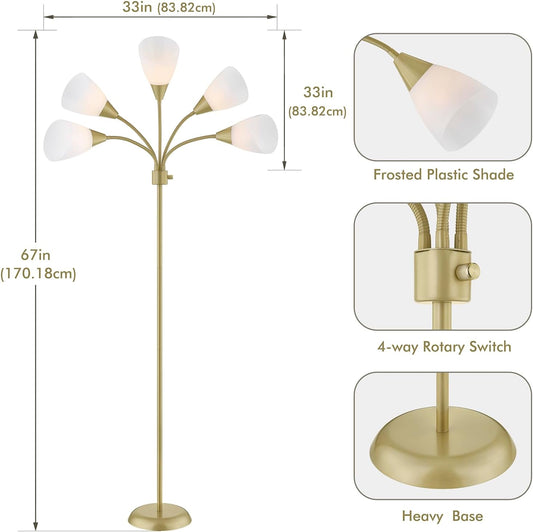 Medusa Modern Decor Floor Lamp, Multi Head Adjustable Gooseneck Bright Light Lamps for Reading, White Shades Tall Standing Tree Floor Lamps for Living Room Bedroom Office Kids Classroom, Gold