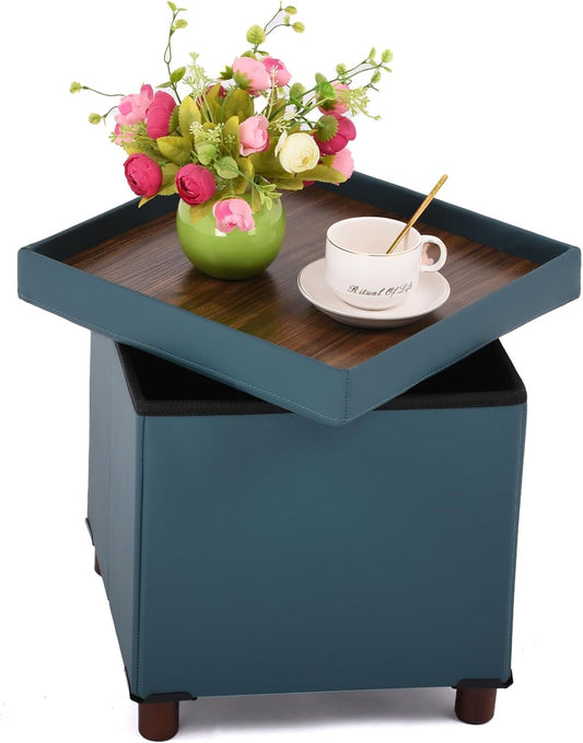 Storage Ottoman, Ottoman with Storage for Living Room Ottoman Square Tray Bedroom Cube Foot Rest Stool with Legs Small Ottomans Coffee Table Lid Foldable Footstool Faxu Leather 15"
