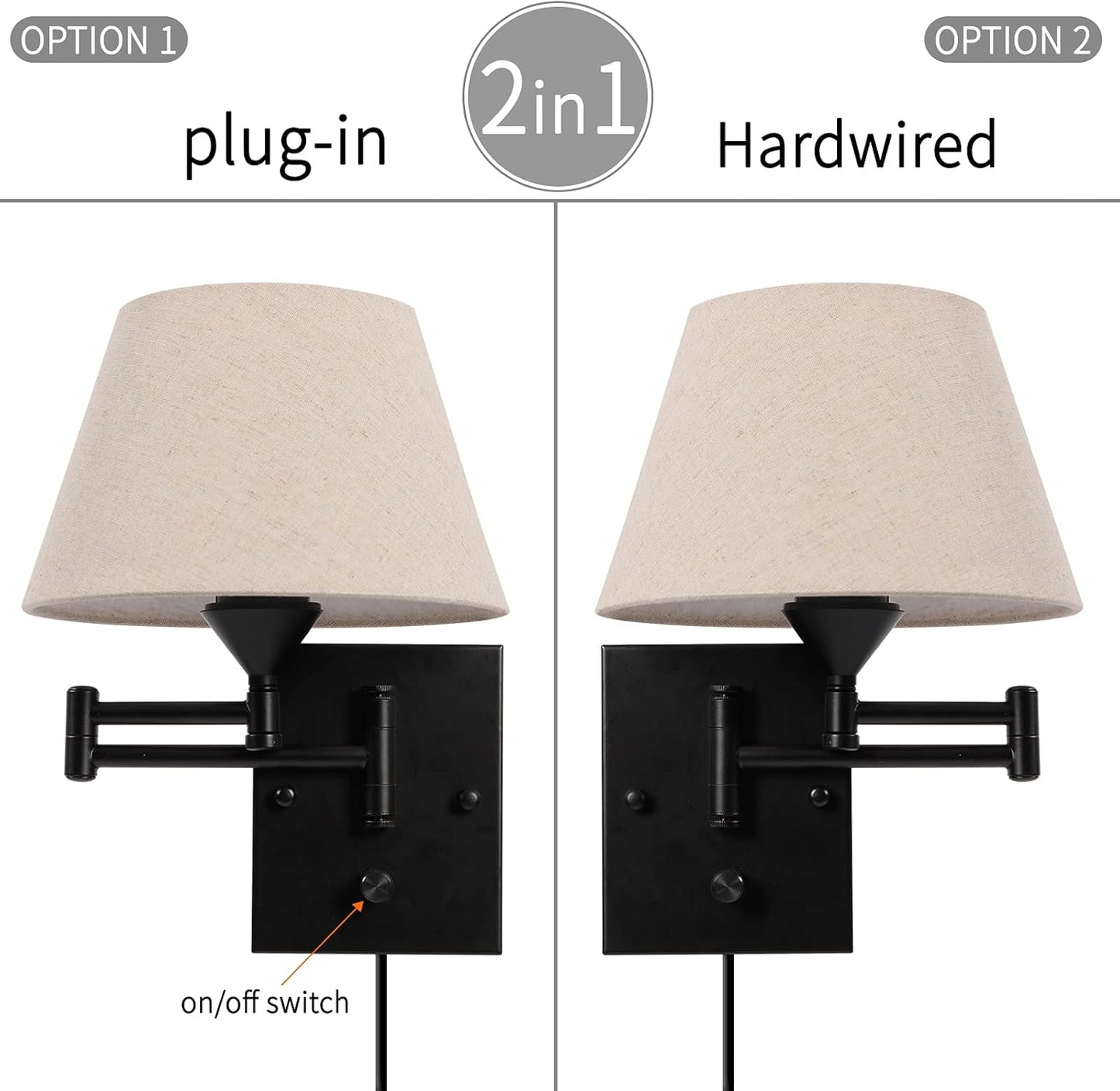 Pauwer Plug in Wall Sconce Set of 2 Swing Arm Wall Lamp with Plug in Cord and Fabric Shade Wall Light Fixtures for Hallway Bedroom Living Room (Beige Shade)