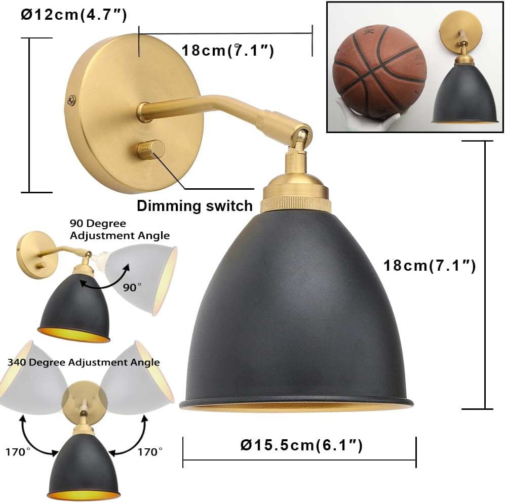 Yosoan Vintage Wall Sconce Bookcase Light, 1-Light Dimmable On Off Switch Industrial Mount Metal Fixture Lighting with 6.1" Oval Black Metal Shade in-Build Gold and Antique Canopy Reading Lamp