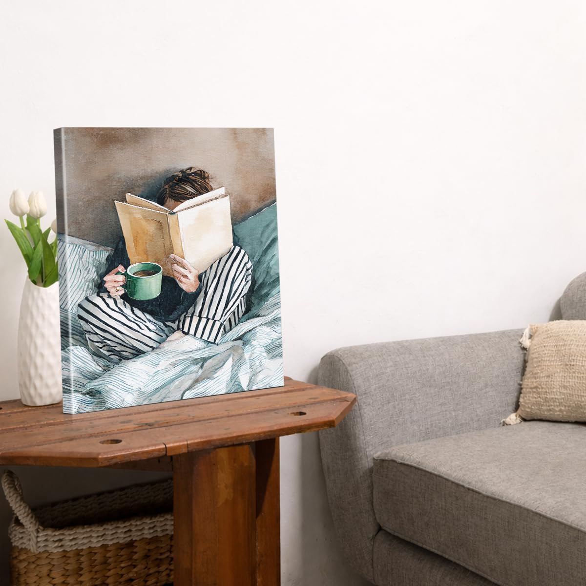 Minimalist Reading Woman Wall Art Decor Bookish Woman in Striped Bed Print Picture Book Lover Wall Decor for Home Bedroom 11x15 Inch Canvas Framed