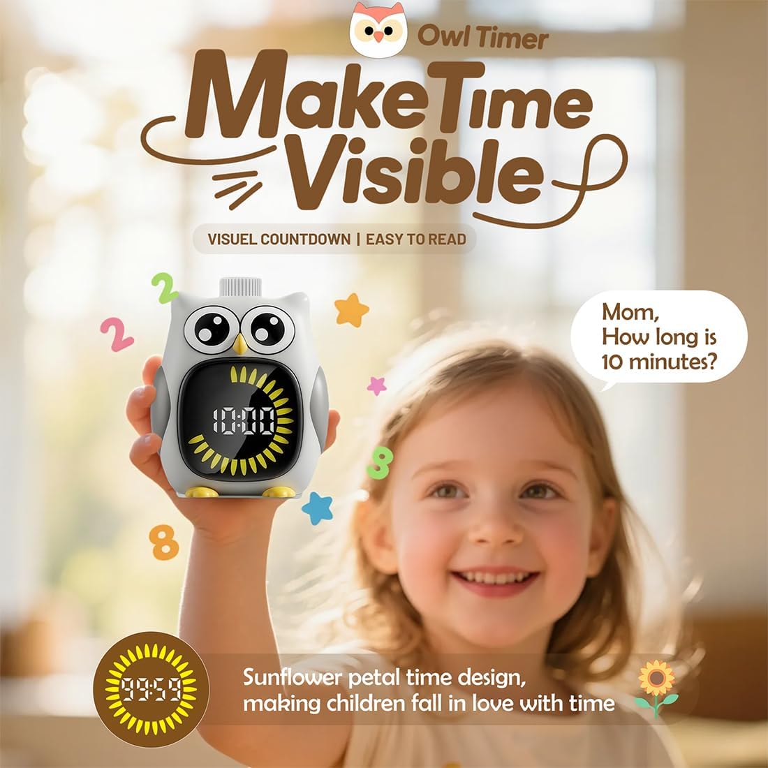 Grey Big-Eyed Owl Visual Timer for Kids,Classroom Timer, Time Out Timer,Up to 99Minutes Small Visual Timer,for Yoga,for Kitchen