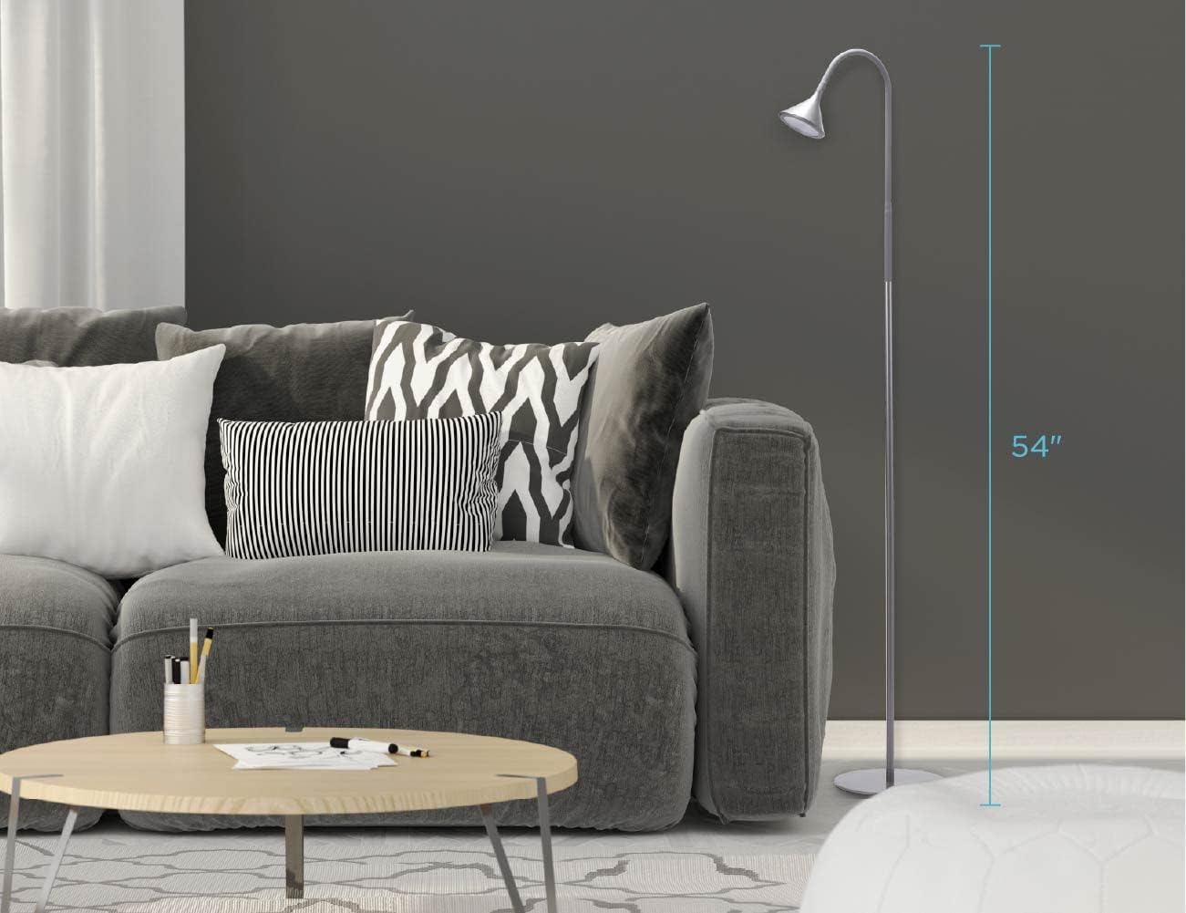 BLACK+DECKER PureOptics LED 미니멀리스트 플로어 램프, 147.3cm(58인치) 높이, 무게감 있는 베이스, 조절 가능한 구즈넥, 깜박임 방지, 친환경, 풋 스위치 그레이