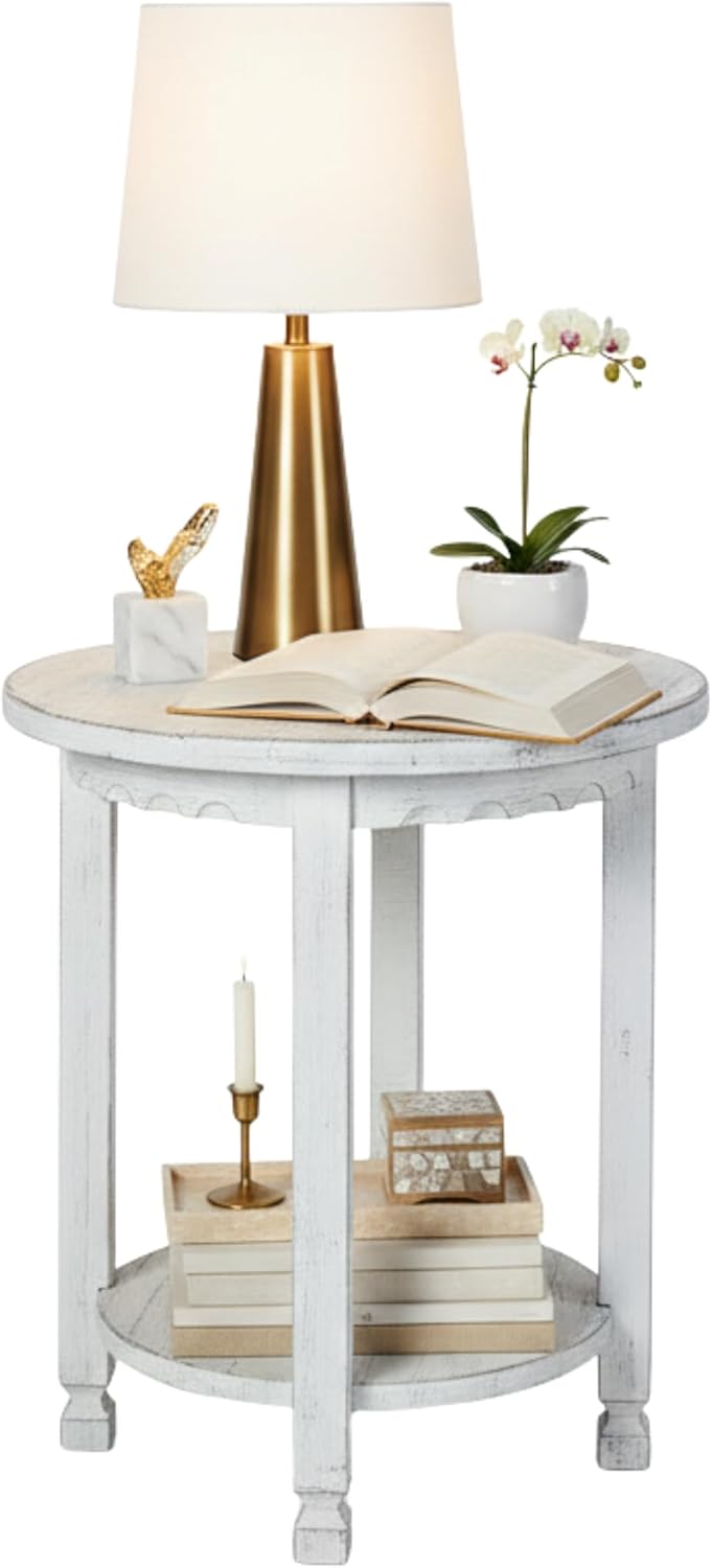 Alaterre Furniture Country Cottage Round End Table – 20” Rustic Farmhouse Side Table with Lower Shelf, Carved Edges & Square Turned Legs – Accent Table for Living Room or Bedroom (Antique White)
