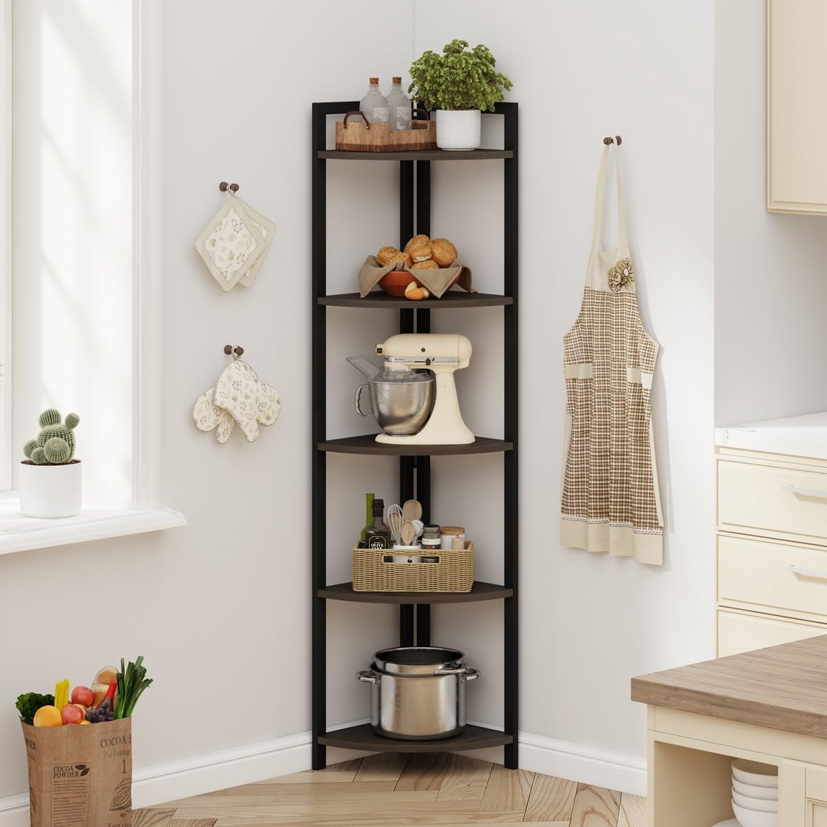 FATORRI Rustic Tall Corner Shelf, 5 Tier Industrial Corner Bookshelf for Living Room, Dark Wood and Metal Corner Plant Stand for Home Office (Walnut Brown)