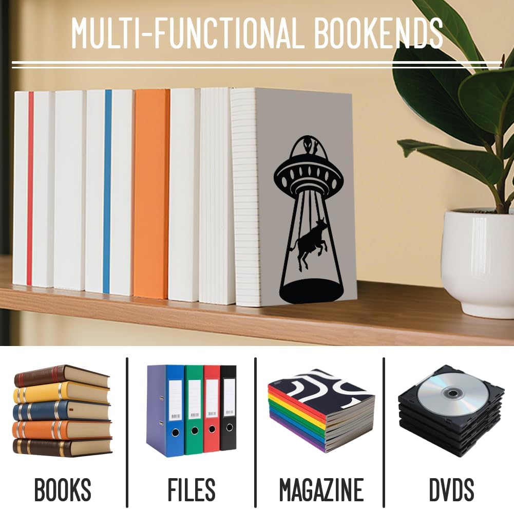 WADORN 1 Pair Alien UFO Cow Metal Decorative Bookend for Shelves, Heavy Duty Book Ends Modern Non-Skid Books Holder Stand Black Book Support Stoppers for Desk Bookshelf Office Home, 5.3x4.3x7.8 Inch