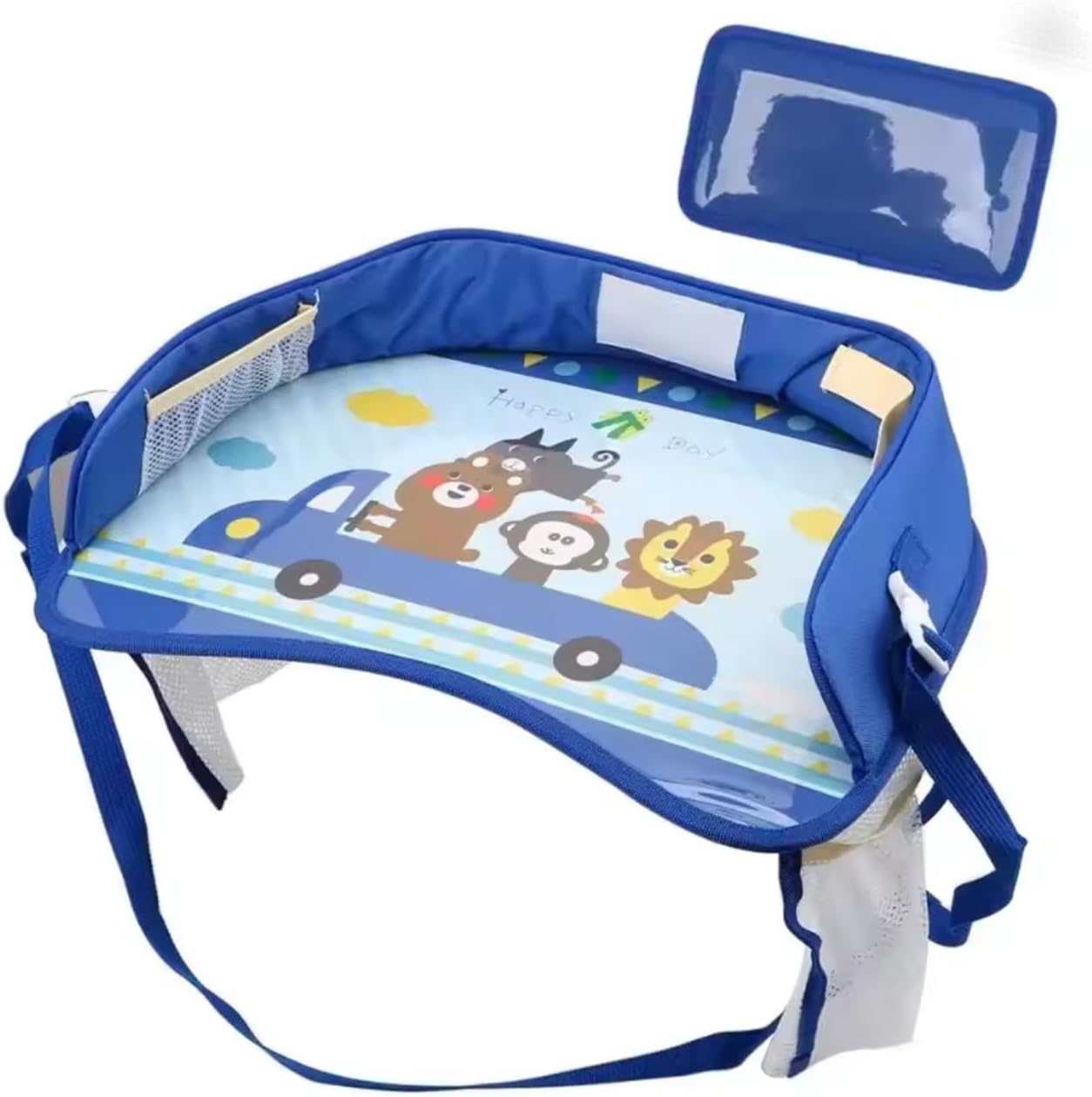 Kids Travel Tray for Car Seat – Toddler Lap Desk with Dry Erase Board, No-Drop Tablet Holder, Cooler Cup & Snack Storage, Road Trip Essentials for Airplane & Car Activities (Blue)