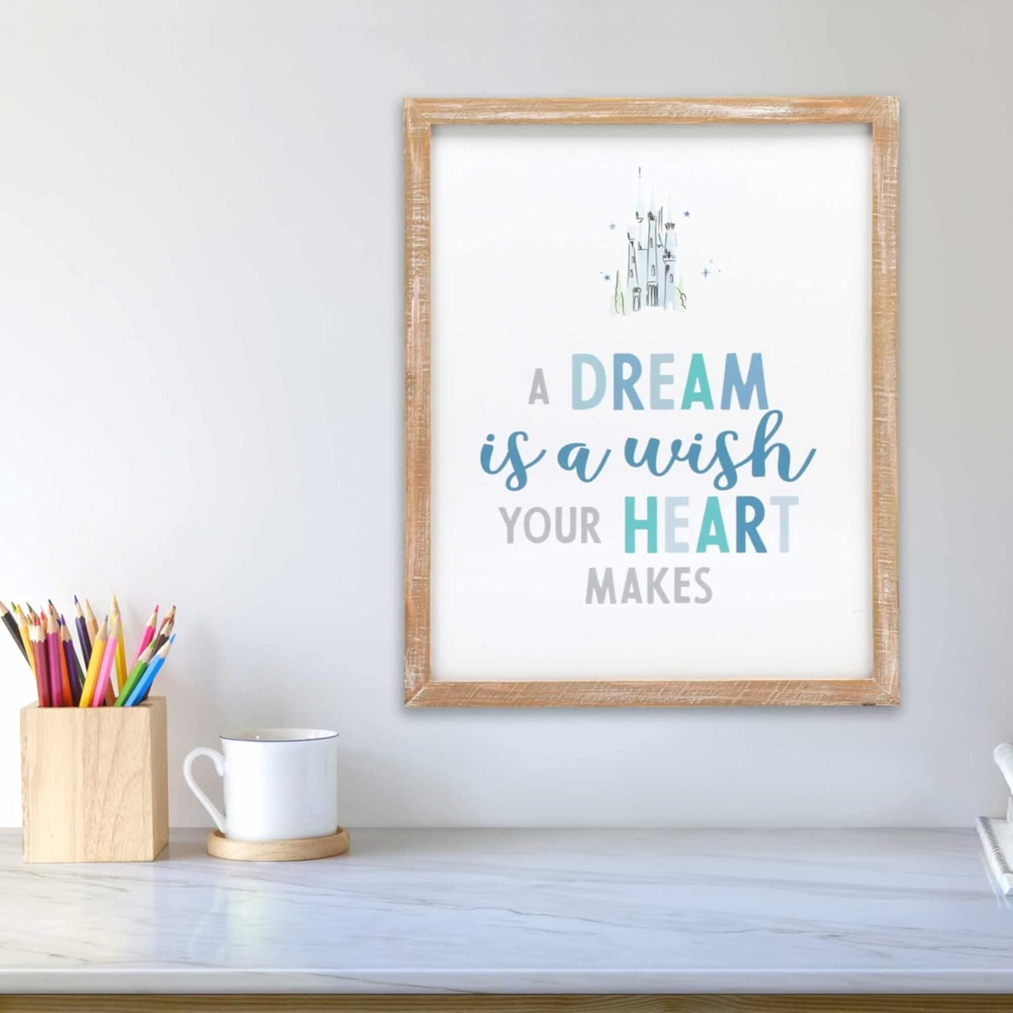 Disney Princess Cinderella Castle Wall Art - A Dream is a Wish Your Heart Makes - Cute Cinderella Framed Wood Wall Decor