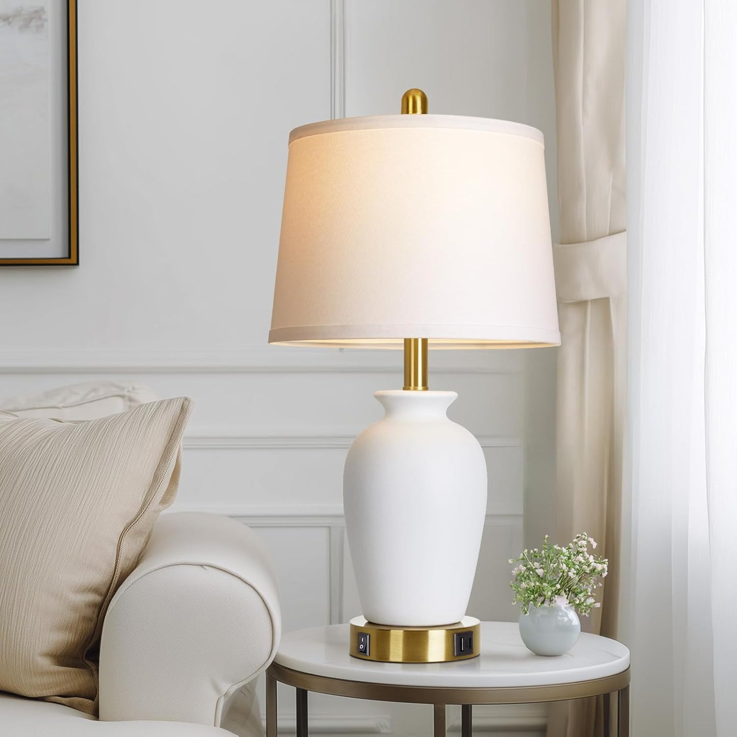 Set of 2 White Ceramic Modern Table Lamps with Ginger Jar Design - for Living Room,Dining Room,Bedroom,Office,Nightstand,End Table