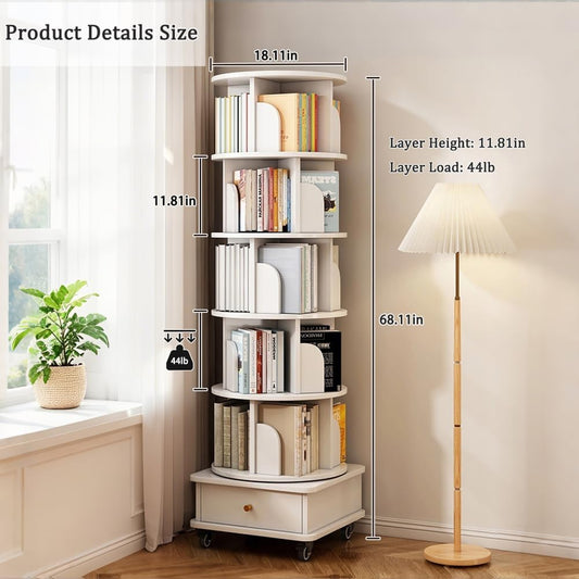 360° Rotating 6-Tier Bookshelf with Drawer & Wheels - Space-Saving Tall Bookcase for Bedroom, Living Room & Office - Stylish White Wood Corner Shelf