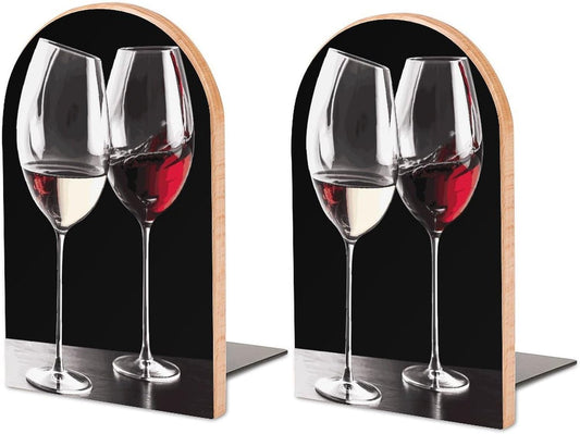 Red Wine Glasses Wooden Bookend Non-Slip Book Ends Heavy Duty Book Stopper with Metal Base Books Holderd Decorative Bookends Stands Firmly for Office Supplies