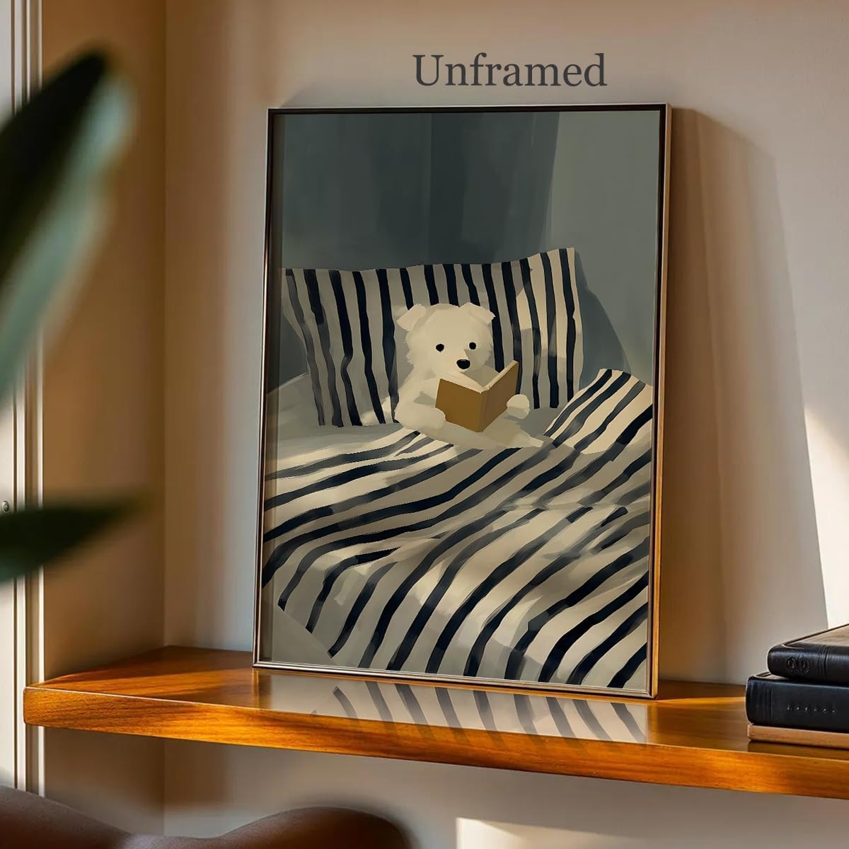 Greyhound Reading Book In Bed Canvas Wall Art, Cosy Bedroom Animal Poster for Kids Baby Room, Cute Dog Reading Blue Striped Picture, Bookish Gift Print for Book Lover 12x16in Unframed