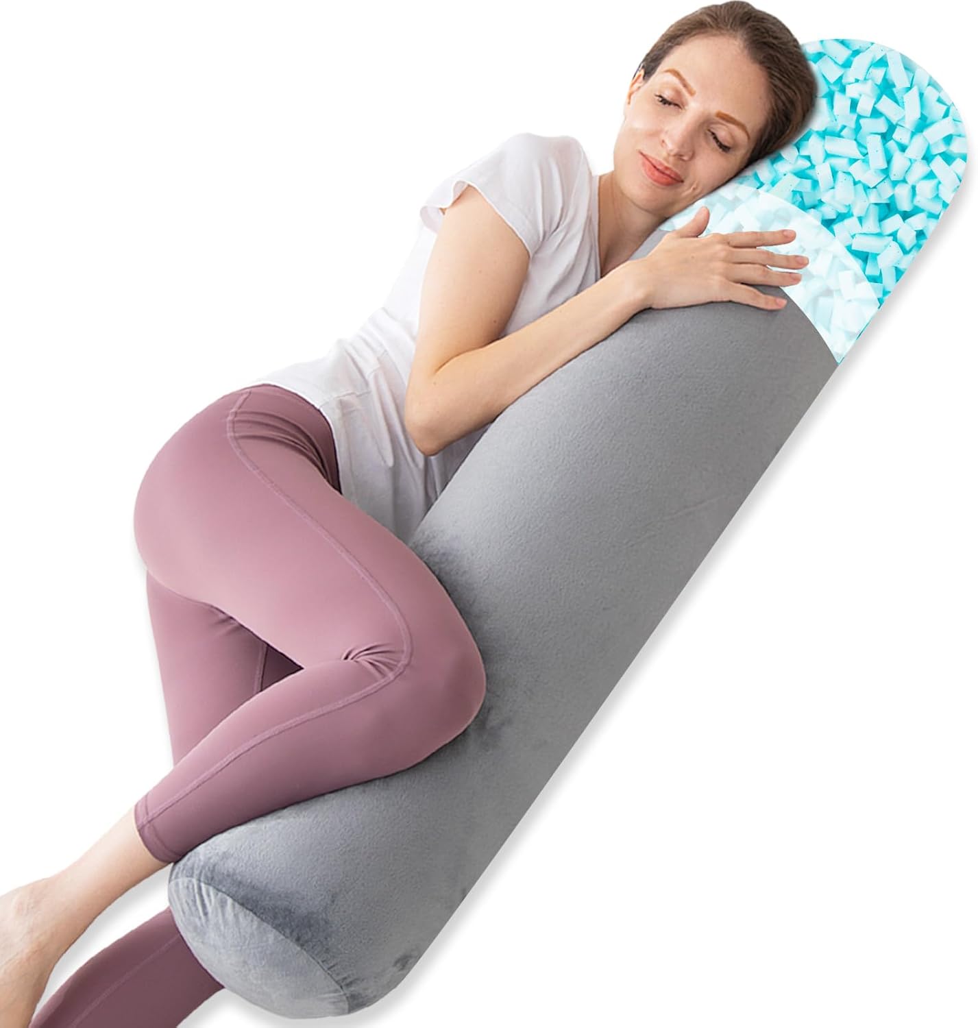 Body Pillow, Memory Foam Round Body Pillows for Adults, Firm Long Bolster Pillow for Bed, Cylinder Tube Roll Pillow with Velvet Cover, 47x7.87 Inches, Grey