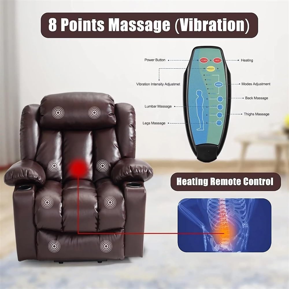 Leather Power Lift Recliner Chair for Elderly with Dual Motor, Massage and Heat, Electric Power Recliner with Adjustable Headrest, USB Ports, Side Pockets & 2 Cup Holders